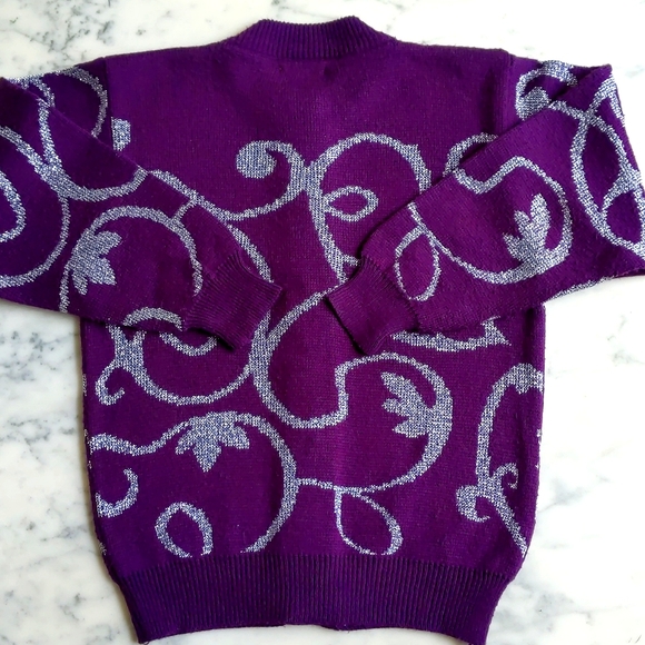 Purple with Silver Knit Design Cardigan Sweater. - Picture 5 of 5